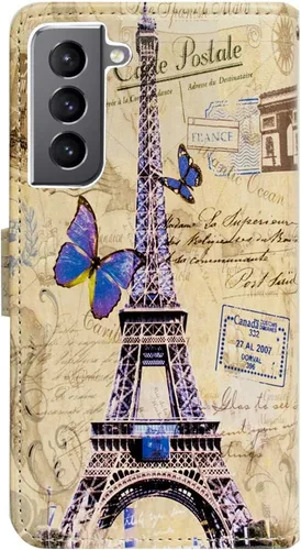 Vista 8 de Bcov Funda para Samsung Galaxy S22, Postal de la Torre Eiffel multifunción Funda de cuero para teléfono con múltiples ranuras para tarjetas, correa