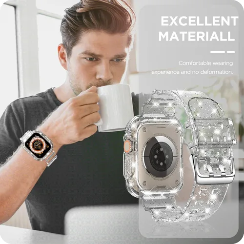 Vista 14 de DABAOZA - Correa transparente compatible con Apple Watch con estuche protector, correa deportiva de TPU con brillo para mujeres y hombres
