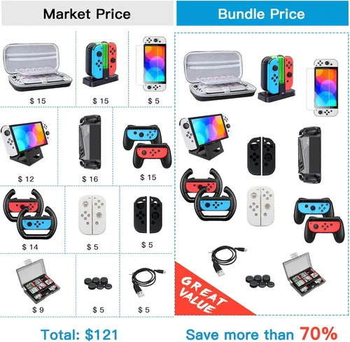 Vista 6 de 22 en 1 GTAplam Case Accessories Kit compatible con Nintendo Switch OLED, paquete de accesorios de viaje con funda de transporte, protector