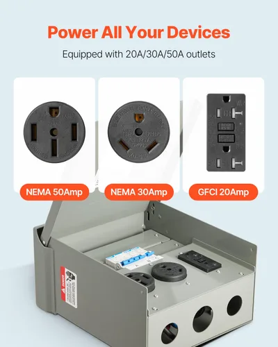 Vista 3 de VEVOR Panel de salida de energía temporal, caja de interruptor eléctrico para RV resistente a la intemperie con receptáculo de 20/30/50 amperios