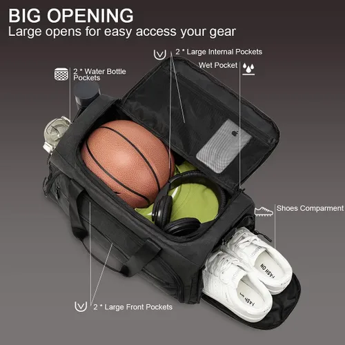 Vista 3 de Bolsa de gimnasio para hombres y mujeres, pequeña bolsa deportiva con bolsillo húmedo y compartimento para zapatos, bolsa de lona resistente al agua