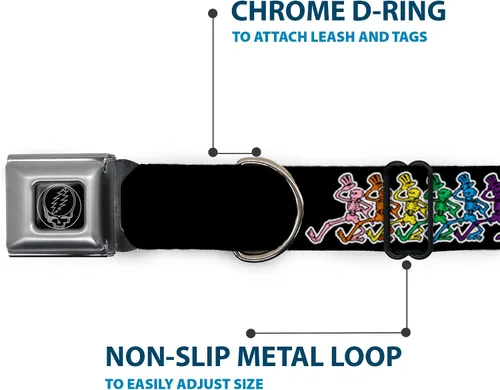 Vista 5 de Buckle-Down Collar de perro con hebilla de cinturón de seguridad, esqueletos bailarines, negro/multicolor, 1.5 pulgadas de ancho, se adapta a cuello