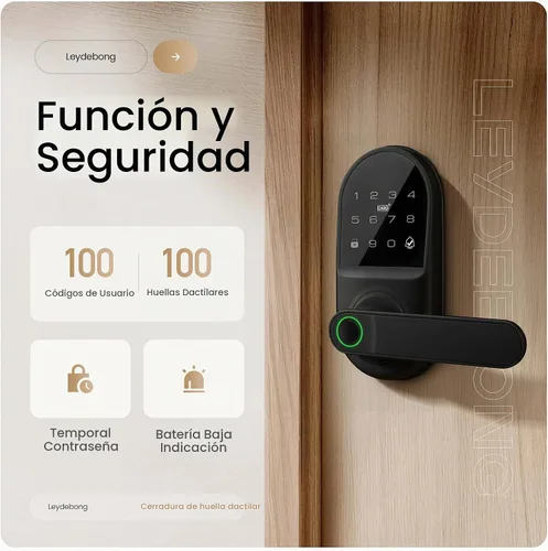 Vista 3 de Leydebong Cerradura de puerta con teclado inteligente con manija, cerradura Negro mate
