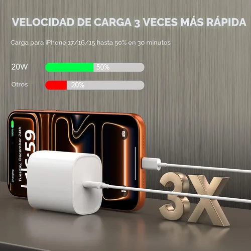 Vista 2 de Cargador para iPhone 17, 16, 15, carga rápida, cable de carga USB C de 10 pies de largo con bloque de carga rápida de teléfono tipo C de 20 W