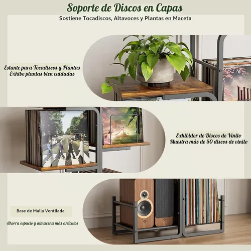 Vista 6 de Bikoney - Soporte para tocadiscos inspirado en jardineras con gran almacenamiento de vinilo, mesa de tocadiscos vintage con estante para LP