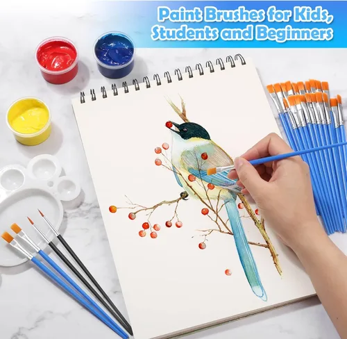 Vista 2 de 70 piezas de pinceles de pintura pequeños, pinceles de punta plana y redonda para niños, pinceles de pelo de nailon para acrílico, acuarela, lienzo