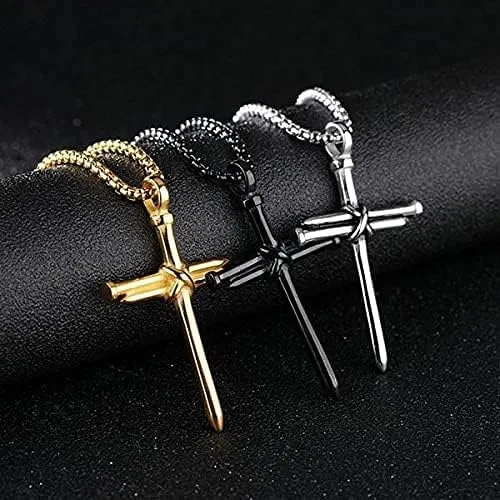 Vista 4 de Collar de cruz para hombre, plata y oro negro de acero inoxidable con colgante de cruz para hombres, regalo de graduación para él