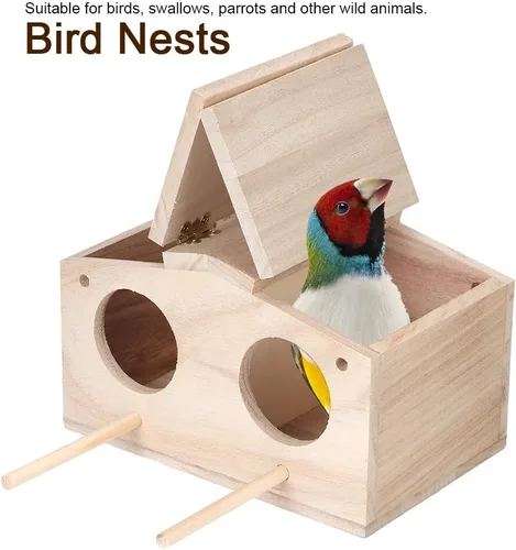 Vista 3 de Caja anidable de periquitos, casa de madera para nidos de pájaros para mascotas, jaula de cría de cacatúas con perca, accesorios para loros