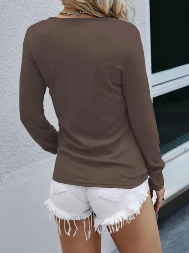 Vista 4 de LOLONG Blusa de manga larga con cuello en V para mujer, estilo casual, con botones a presión
