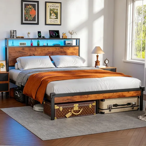 Vista 10 de Full Size Bed Frame with Headboard Built-in Charging Station & Led Lights