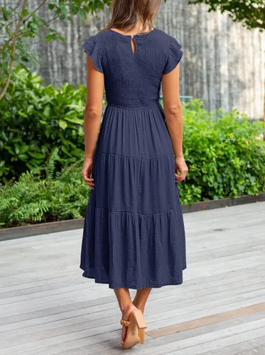 Vista 3 de MEROKEETY - Vestido midi fruncido de manga corta para mujer, vestido de verano casual, acampanado, con cintura elástica y escalonado