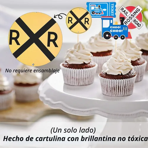 Vista 4 de Blulu 48 piezas de decoración de tren para magdalenas de tren cruzar Decoraciones de cumpleaños de tren, púas de cupcakes para fiesta temática