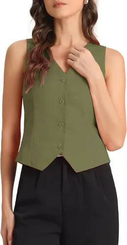 Vista 14 de Allegra K Chaleco para mujer, de verano, algodón, lino, sin mangas, con botones, cuello en V, totalmente forrado, chalecos recortados Negro