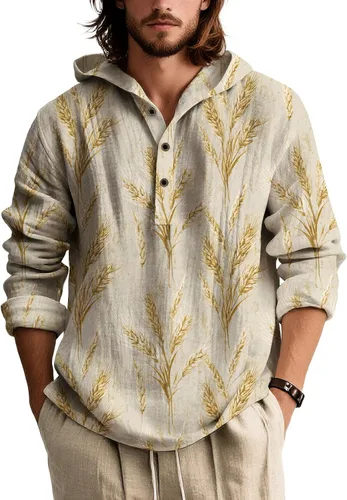 Vista 7 de Sudaderas con capucha con estampado floral retro para hombre, estilo bohemio, con botones, manga larga, sudaderas de gran