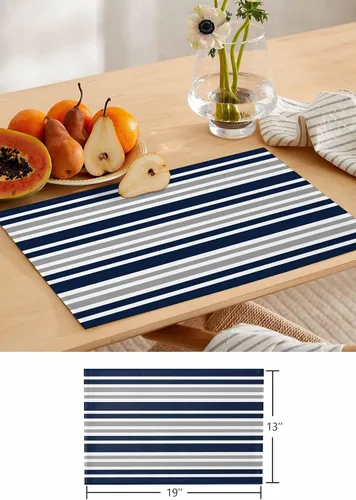 Vista 6 de Juego de 6 manteles individuales lavables de lino y algodón para cocina, mesa de comedor, color azul marino, gris y blanco, a rayas