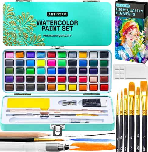 Vista 8 de ARTISTRO Juego de 18 pinturas de acuarela metálicas, juego de paleta que incluye 12 acuarelas metálicas con purpurina y 6 colores camaleón. Juego