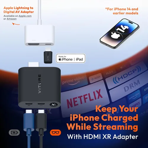 Vista 7 de VITURE Adaptador HDMI XR para iPhone 14 y modelos anteriores, habilitando videos multipantalla/3DoF/VR mejorados, 2.8 horas de duración