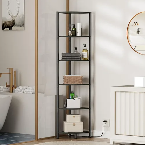 Vista 5 de Furnulem Estante esquinero de 6 niveles con luz LED, organizador de estante de pie de 67.5 pulgadas de alto, estantería estrecha negra con estante