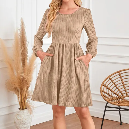 Vista 3 de Zaswen Vestido casual de punto para mujer, cuello redondo, manga larga, acampanado, vestidos de color sólido con bolsillos para primavera y otoño