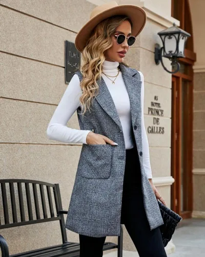 Vista 6 de Kedera Chaleco largo de un solo pecho para mujer, casual, sin mangas, con bolsillo, ropa de abrigo larga