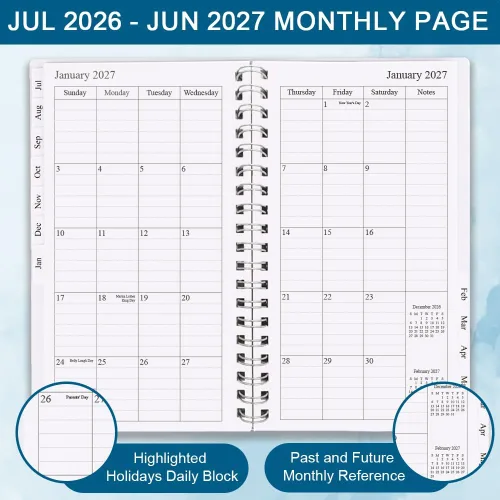 Vista 3 de Planificador/Calendario de Bolsillo 2026 - Cuaderno y Diario Organizador Semanal y Mensual A6 para Seguir Objetivos, Fácil de Organizar tu Vida Azul