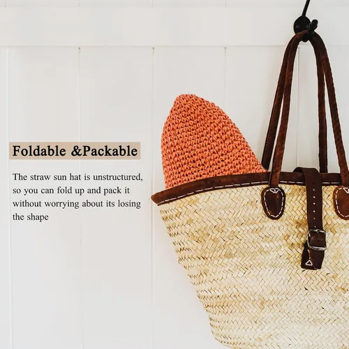 Vista 5 de Sombrero de paja para mujer, plegable, plegable, de ala ancha, para verano, playa, sombrero de ganchillo