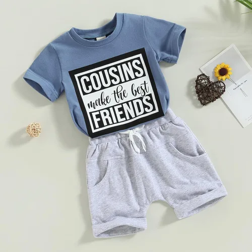 Vista 53 de Conjunto de traje de verano para bebé niño pequeño, manga corta, cuello redondo, letras impresas, lindo traje de verano, conjunto de 2 piezas
