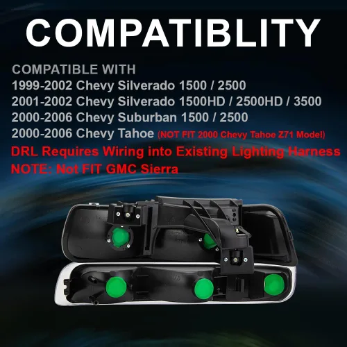 Vista 2 de Conjunto de faros LED CNNELL compatible con Chevy Silverado 1999-2002/Suburban Tahoe 2000-2006, carcasa cromada con lente transparente, reflector