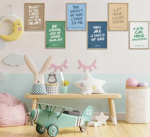 Vista 6 de Conjunto de 6 impresiones de pared de lona cristiana para guardería, versículos bíblicos para niños, citas inspiradoras, pintura, imagen, decoración