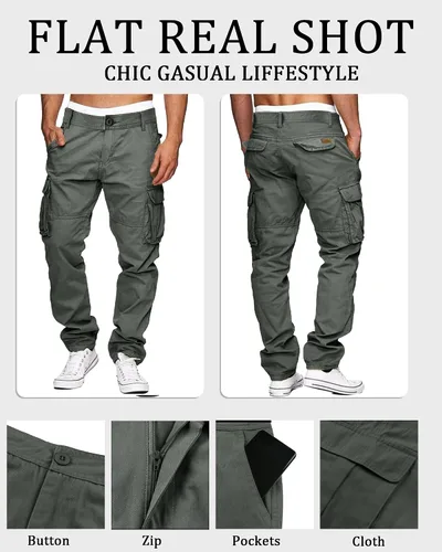 Vista 3 de LVCBL Pantalones cargo para hombre, de algodón, ajuste relajado, con múltiples bolsillos para hombre