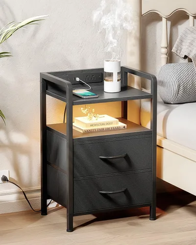 Vista 2 de Lazzanto Mesita de noche para dormitorio, mesita de noche con estación de carga y tira de luz LED, mesita de noche con estante de almacenamiento y 2