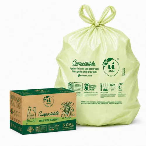 Vista 10 de Bolsas de camiseta compostables UNNI con asas de lazo, 1.6 galones / 6 litros, 50 unidades, forros de cajón de cocina pequeños de 0.64 mil