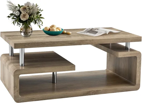 Vista 10 de Mesa auxiliar de 43.3 pulgadas, mesa central moderna de 3 niveles con almacenamiento, mesa de centro grande de madera para sala de estar, oficina
