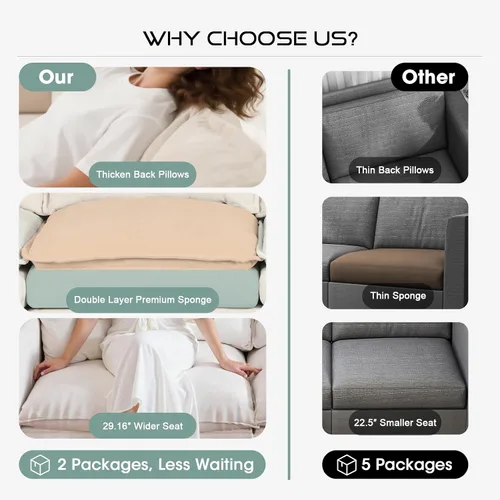 Vista 4 de Sofá seccional modular de 97 pulgadas con 5 asientos, sofá cómodo convertible en forma de L con almacenamiento en reposabrazos y dos almohadas