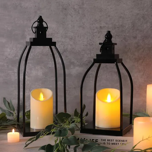 Vista 9 de DARJEN Farol Moderno de Granja para Decoración de Exteriores e Interiores - Faroles de Vela de Metal Negro de 15'' 12'' para Navidad, Faroles