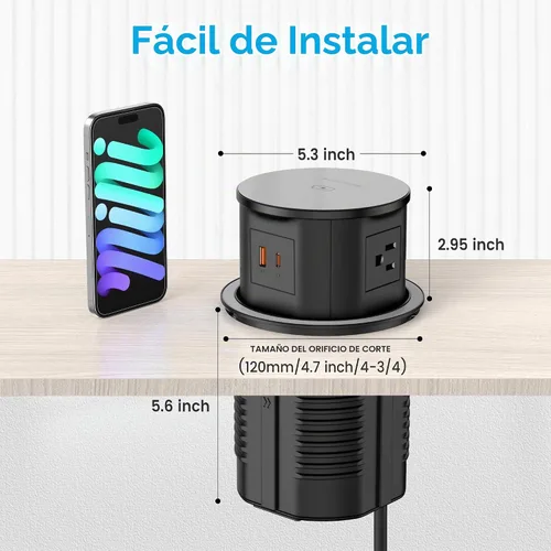 Vista 7 de VILONG - Toma desplegable para encimera, 20 W USB-C, 15 W inalámbrico, 4 AC, cable de 6 pies