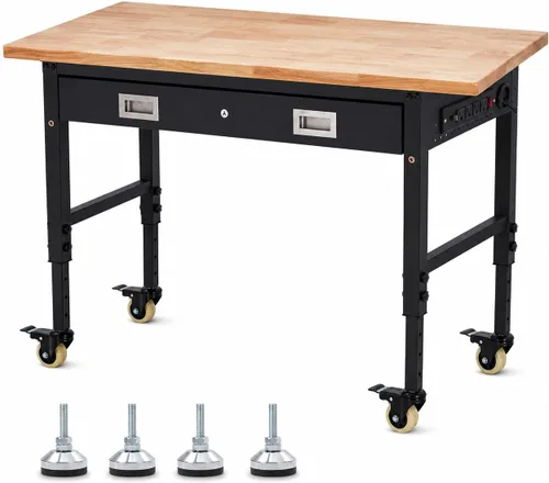 Vista 12 de Banco de trabajo ajustable resistente de 48 x 24 x 1.2 pulgadas con parte superior de madera de goma, almacenamiento de cajones, tira