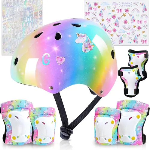 Vista 14 de Casco para niños, casco de bicicleta para niños pequeños con pegatinas DIY Unicornio, rodilleras y coderas ajustables, juego de protección para Rosa