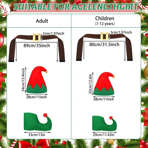 Vista 4 de Conjunto de disfraz de elfo de Navidad para mujeres y niñas, incluye sombrero de elfo, vestido de Papá Noel, medias a rayas, cinturones para adultos