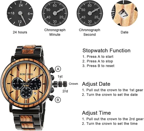 Vista 6 de BOBO BIRD Relojes de madera para hombre, con cronógrafo combinado de madera y acero inoxidable, cuarzo militar, relojes de pulsera casuales