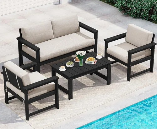 Vista 17 de SERWALL Juego de sofá de 2 piezas de sillón Adirondack acolchado de Marco negro/cojín gris