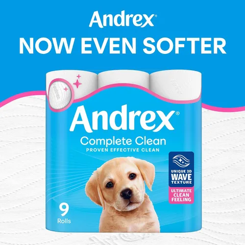 Vista 3 de Andrex 12 rollos de papel higiénico Complete Clean (anteriormente Andrex Classic Clean) Papel higiénico inmejorable con onda 3D única, certificado