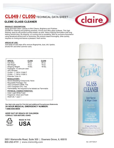 Vista 3 de Claire CL050-12pk Gleme Limpiador de vidrios; 19 onzas. Peso neto, 12