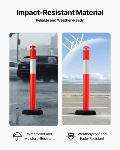 Vista 5 de VEVOR Paquete de 2 postes delineadores de tráfico, conos de seguridad de tráfico de 48 pulgadas con base rellenable y tiras reflectantes, postes