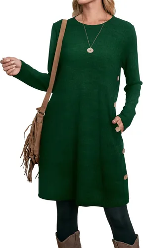 Vista 4 de OFEEFAN Vestido largo de manga larga para mujer, trajes de otoño con bolsillos y botones