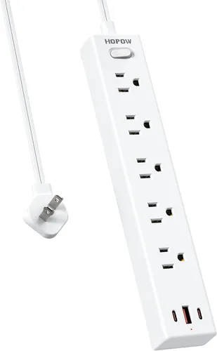 Vista 19 de HOPOW Regleta de alimentación de enchufe plano, cable de extensión ultrafino de 3 pies, protector de sobretensiones con 5 salidas y 3 puertos USB