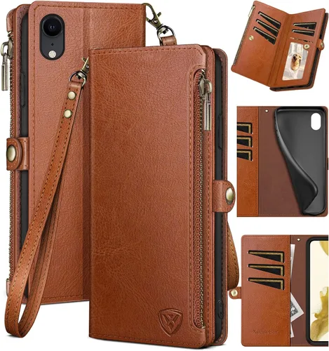 Vista 7 de XcaseBar Funda tipo cartera para iPhone XR de 6.1 pulgadas con bloqueo RFID, soporte para tarjetas de crédito con cremallera, funda de piel