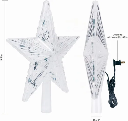 Vista 6 de Estrella iluminada para la punta del árbol de Navidad con 10 bombillas reemplazables integradas, estrella de cinco puntas transparente de 9.5
