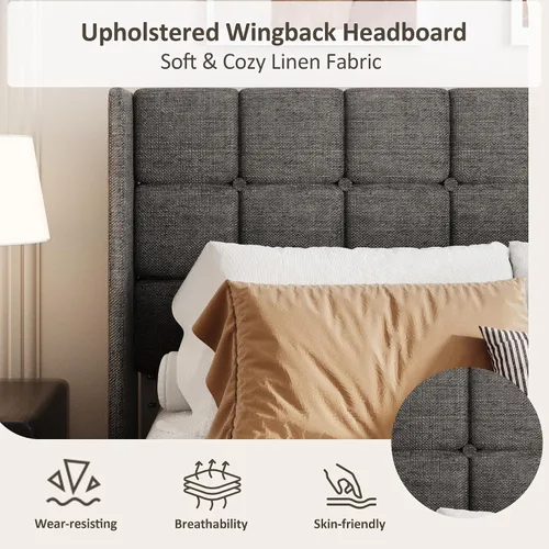 Vista 4 de Base de cama tamaño matrimonial con cabecera con respaldo de ala, base de cama tapizada de lino con cabecera capitoné con botones, soporte