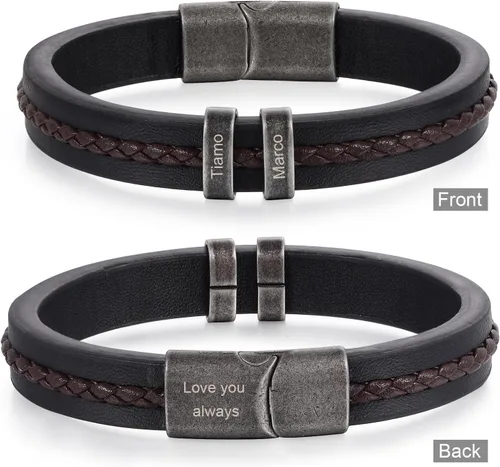 Vista 7 de Pulseras personalizadas con nombre para hombre, pulsera de cuero para hombre con 2-5 nombres de niños, regalos personalizados para papá, esposo, hijo